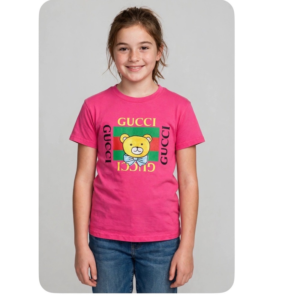 Gucci Teddy Bear Web Stripe Pink Cotton Graphic T-Shirt Size 150 10-11 YS